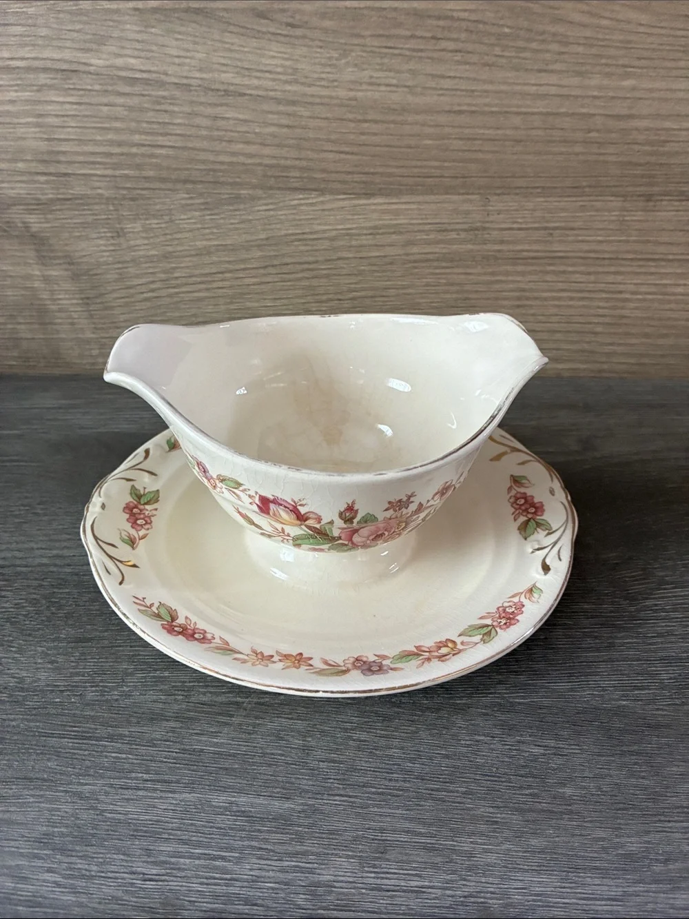 Crown Potteries Co. Floral Gravy Boat with attached Underplate Made in USA